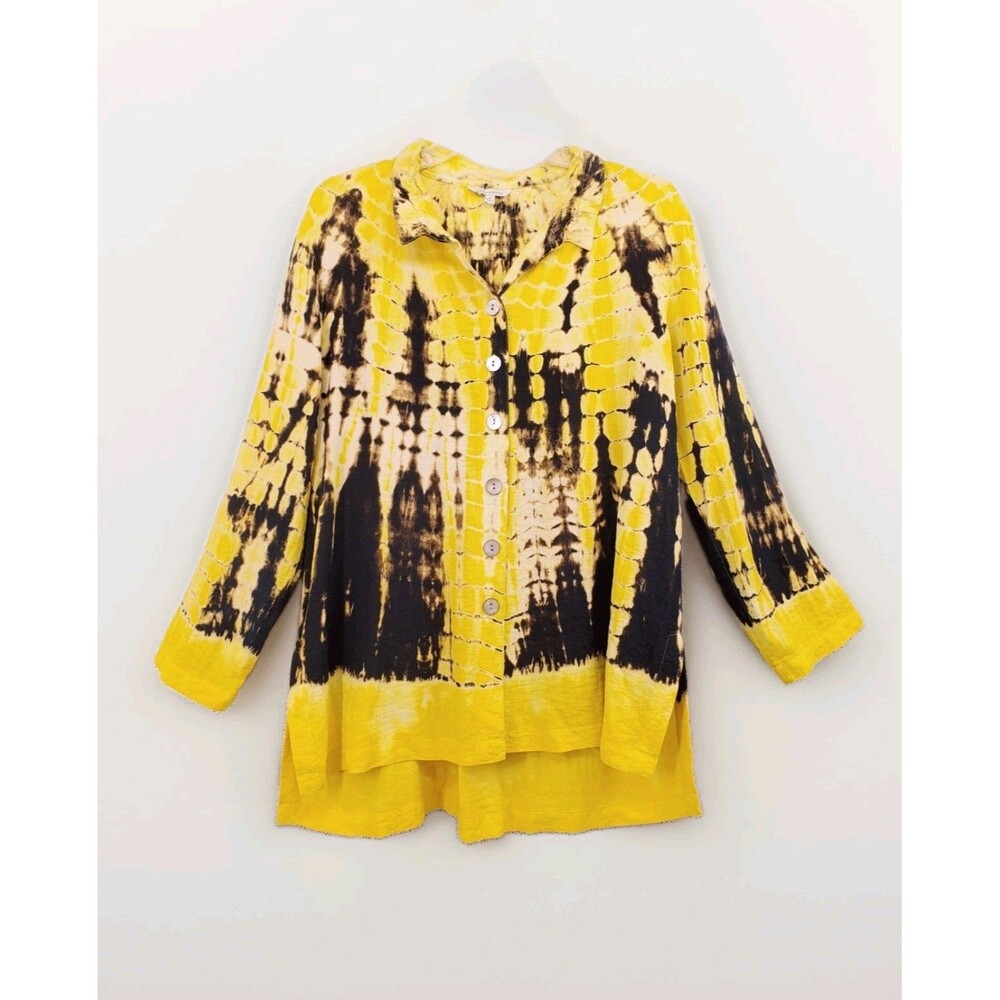 John Mark Button Up Tunic Shirt Sz M Yellow Black Tie Dye Roll Tab Sleeves Artsy